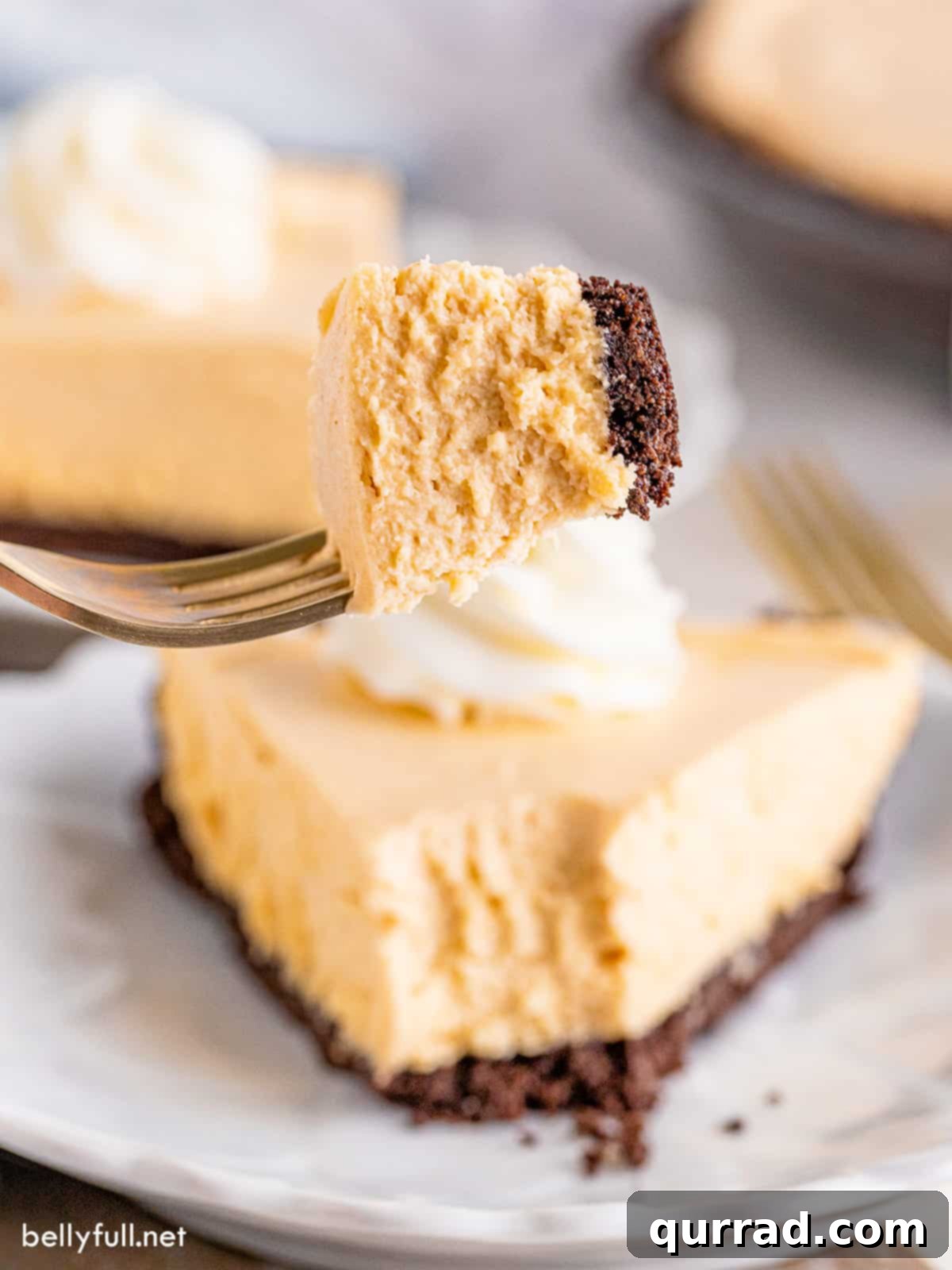 Chilled Peanut Butter Perfection 7 A fork holding a perfect bite of No Bake Peanut Butter Pie, elevated above the main slice on a white plate. The layers of the pie are clearly visible, and the bite includes both the creamy filling and the dark, crumbly crust.