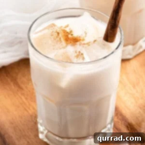 Creamy Cinnamon Mexican Horchata 3 Cinnamon infused rice milk over ice in glass