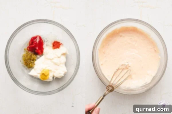 Ingredients for the Big Mac sauce being mixed together in a bowl, showcasing the creamy consistency before drizzling.