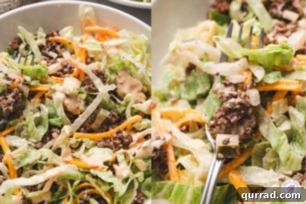 A fork lifting a portion of the mixed Big Mac Salad from a bowl, ready to be eaten.