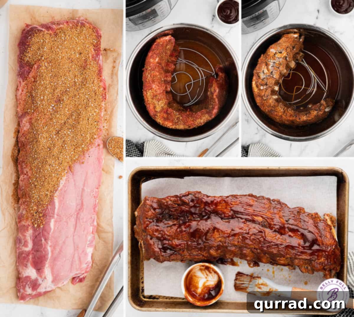 Step by step process of instant pot baby back ribs showing preparation, pressure cooking, and baking
