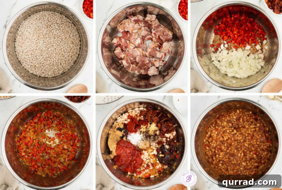 Instant Pot Baked Bean Magic 4 A collage of six process photos showing the steps to make Instant Pot baked beans.