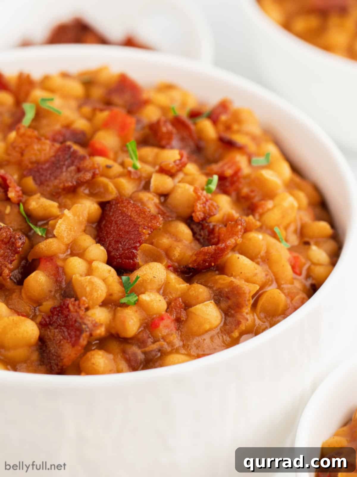 Instant Pot Baked Bean Magic 5 Close-up of a bowl full of homemade baked beans with visible bacon pieces and a rich sauce.