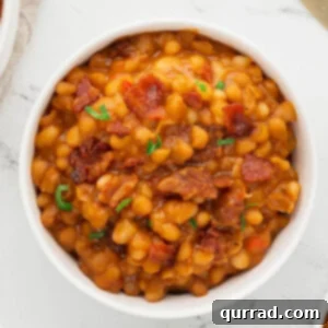 Overhead view of a bowl of Instant Pot baked beans