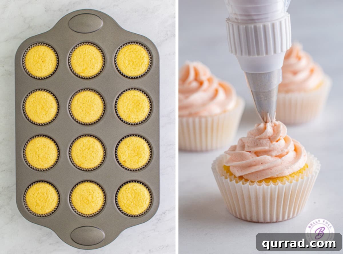 Bright Lemon Zing Cupcakes 4 Process shots showing the stages of making lemon cupcakes with strawberry buttercream, from batter to frosted cupcakes.