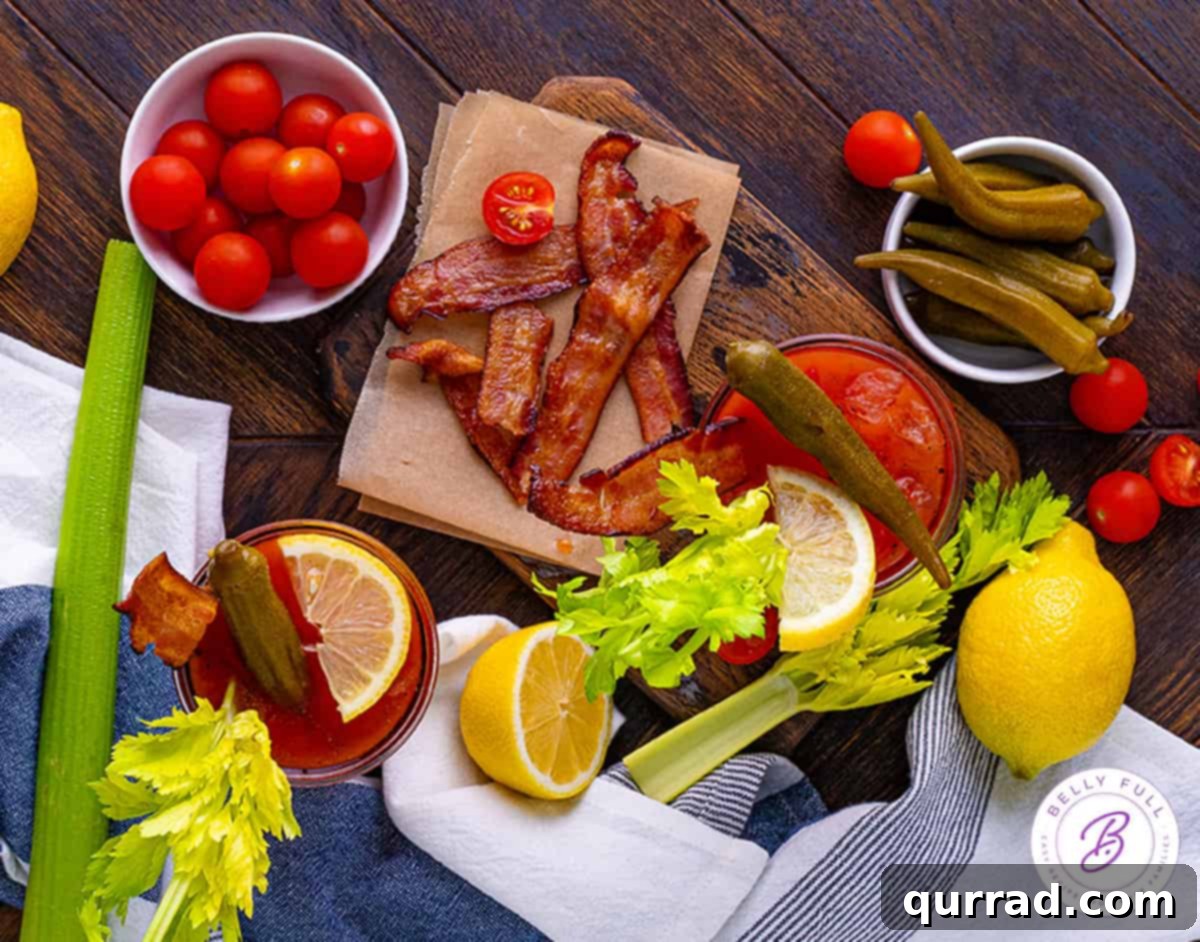 Say Her Name Thrice 6 An array of fresh and pickled Bloody Mary garnishes including juicy cherry tomatoes, crispy bacon, vibrant celery stalks, and zesty lemon wedges, thoughtfully arranged on a wooden surface.