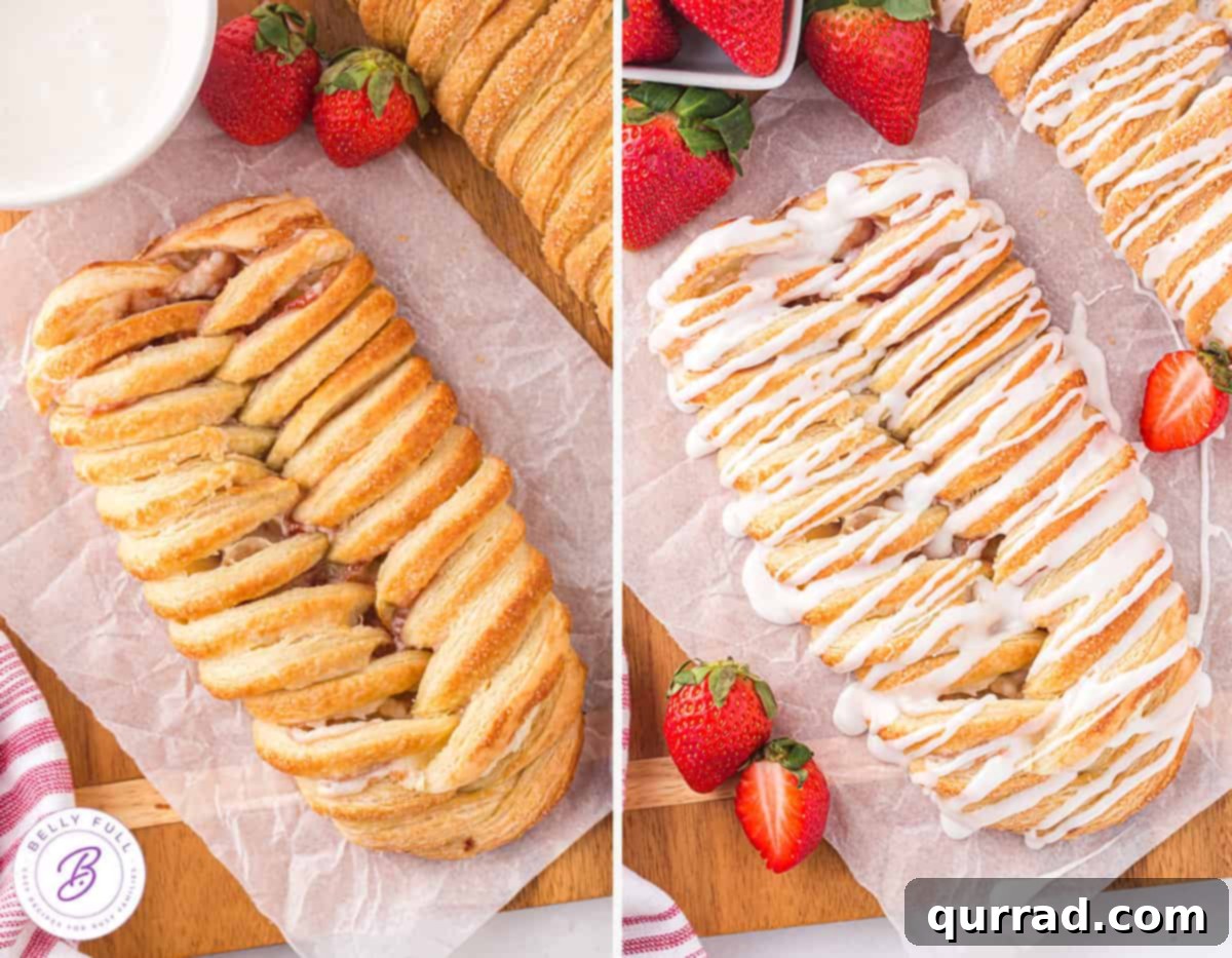 Two strawberry cream cheese puff pastries, one elegantly drizzled with a sweet glaze and the other showcasing its golden-brown, sugared crust.