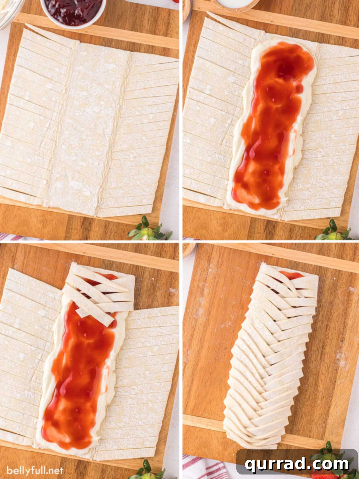 A series of process shots showing the steps to assemble a strawberry cream cheese danish, from spreading filling to braiding the pastry.