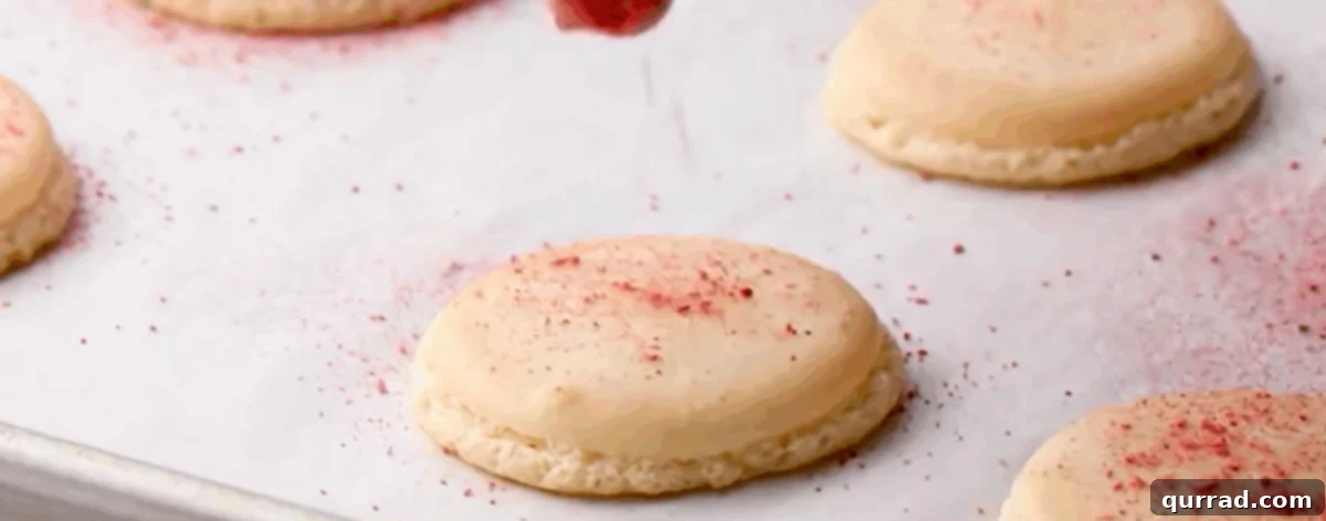 Ruby Raspberry Kisses 7 Sprinkling freeze-dried raspberry powder over freshly baked macaron shells.