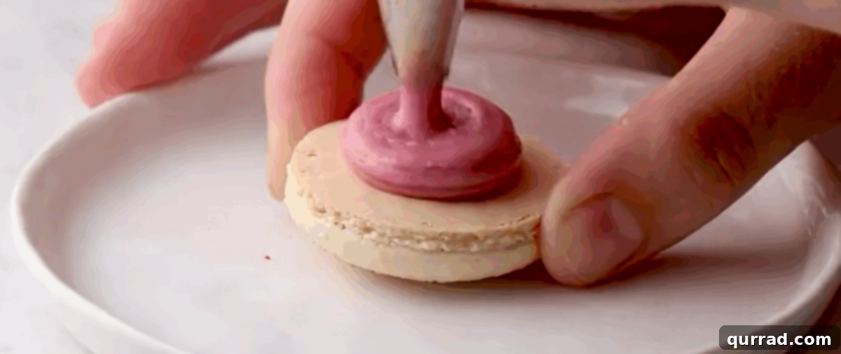 Ruby Raspberry Kisses 9 Adding a dollop of raspberry cream filling to one macaron shell for assembly.