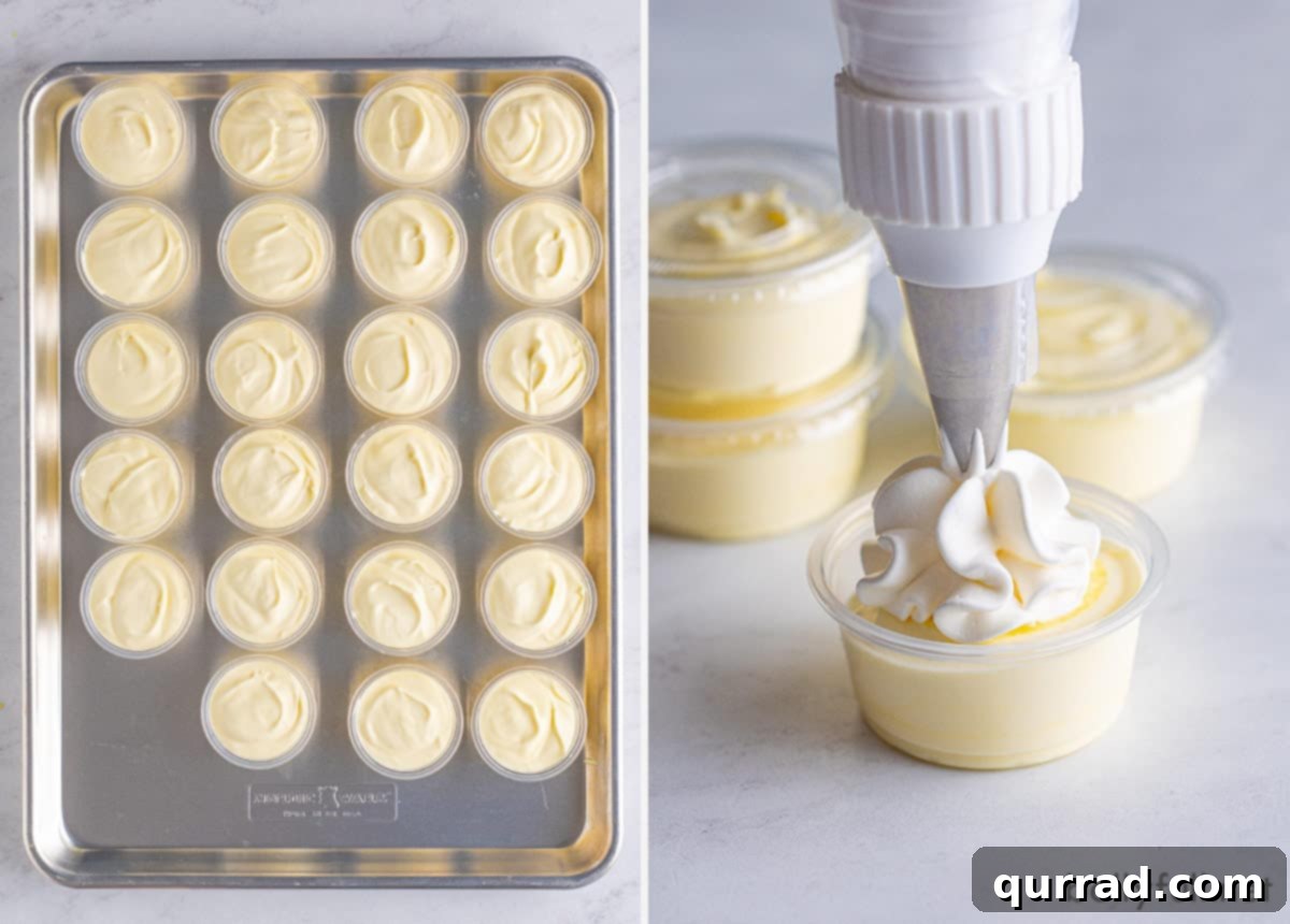 The creation process for these easy pudding shots. A step-by-step visual guide showing the process of making Banana Split Pudding Shots: whisking ingredients, mixing with whipped topping, and filling individual cups.