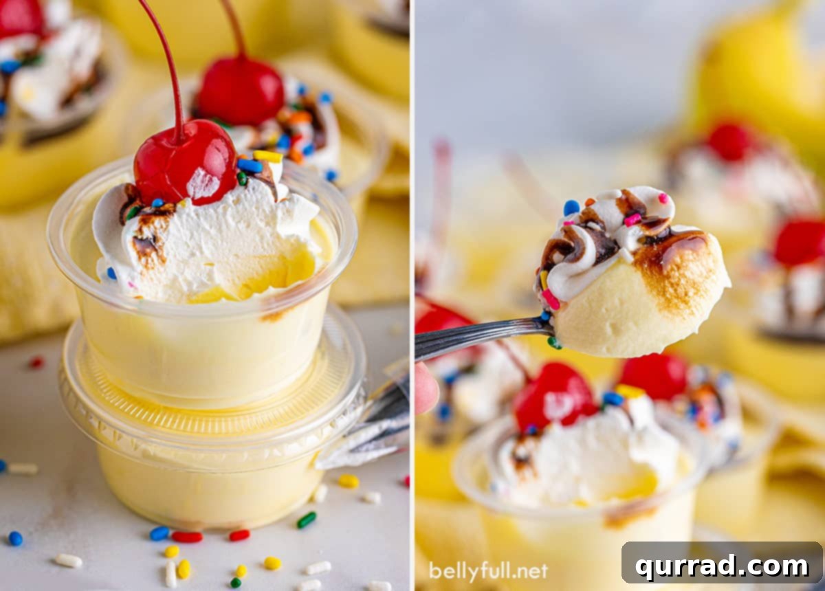 A pair of perfectly garnished pudding shots. Two separate close-up images of finished Banana Split Pudding Shots, showcasing their inviting layers and toppings.