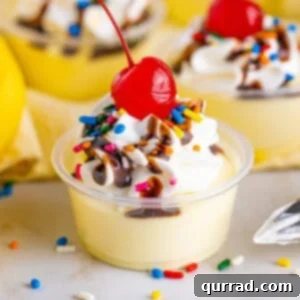 Front view of banana split pudding shots