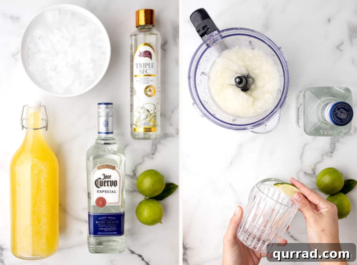 Creating Your Perfect Frozen Margarita: A Quick Look at Ingredients and Process. The ultimate frozen drink for summer enjoyment. An overhead view capturing the fresh ingredients and the initial blending process for making delicious frozen margaritas. Fresh limes, a bottle of tequila, and a blender filled with ice are visible, conveying the ease of preparation.