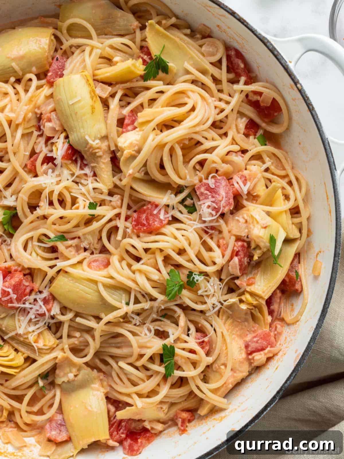 overhead close up artichoke tomato pasta