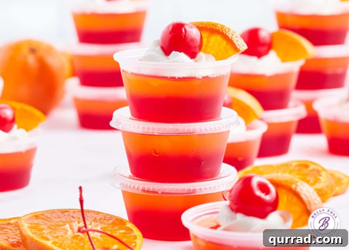 stack of 3 tequila sunrise jello shots
