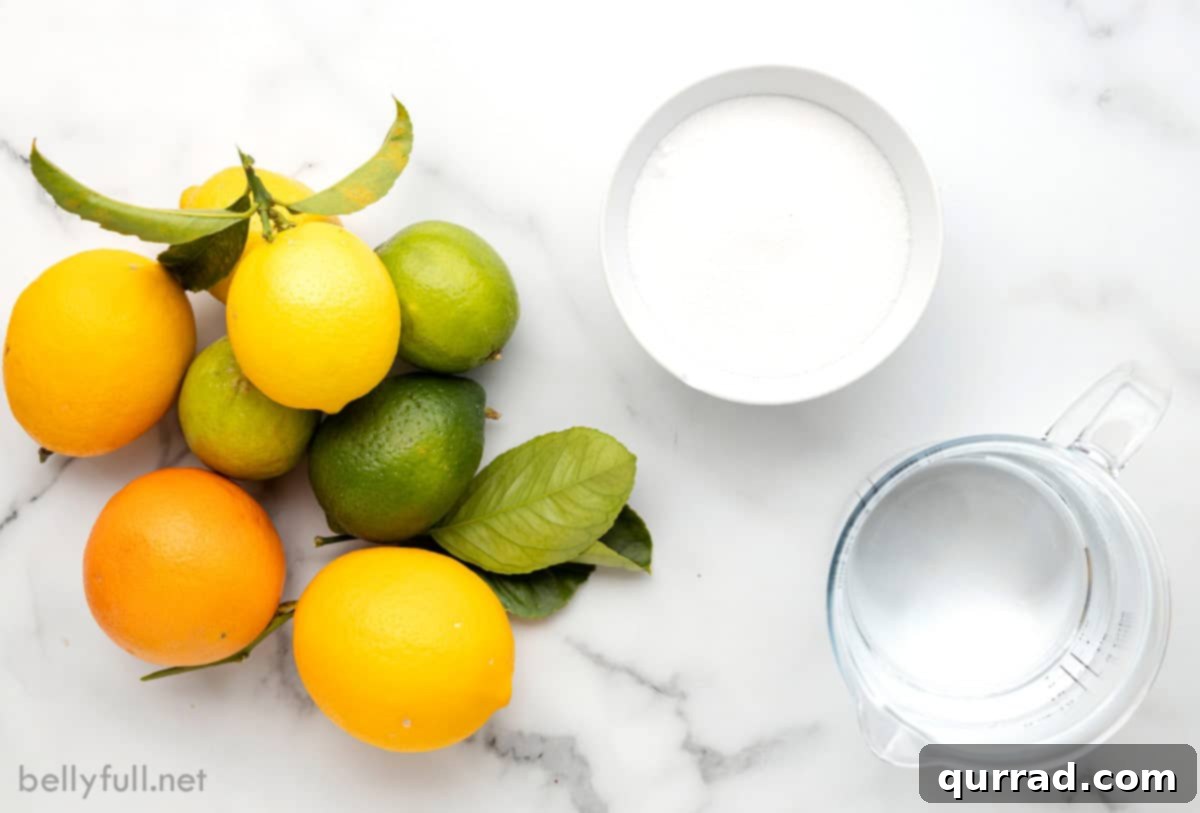 An enticing overhead shot of fresh citrus fruits (lime, lemon, orange), sugar, and water, ready to be transformed into the ultimate Easy Homemade Margarita Mix. An overhead view of the fresh ingredients for homemade margarita mix: fresh limes, lemons, oranges, granulated sugar, and water.