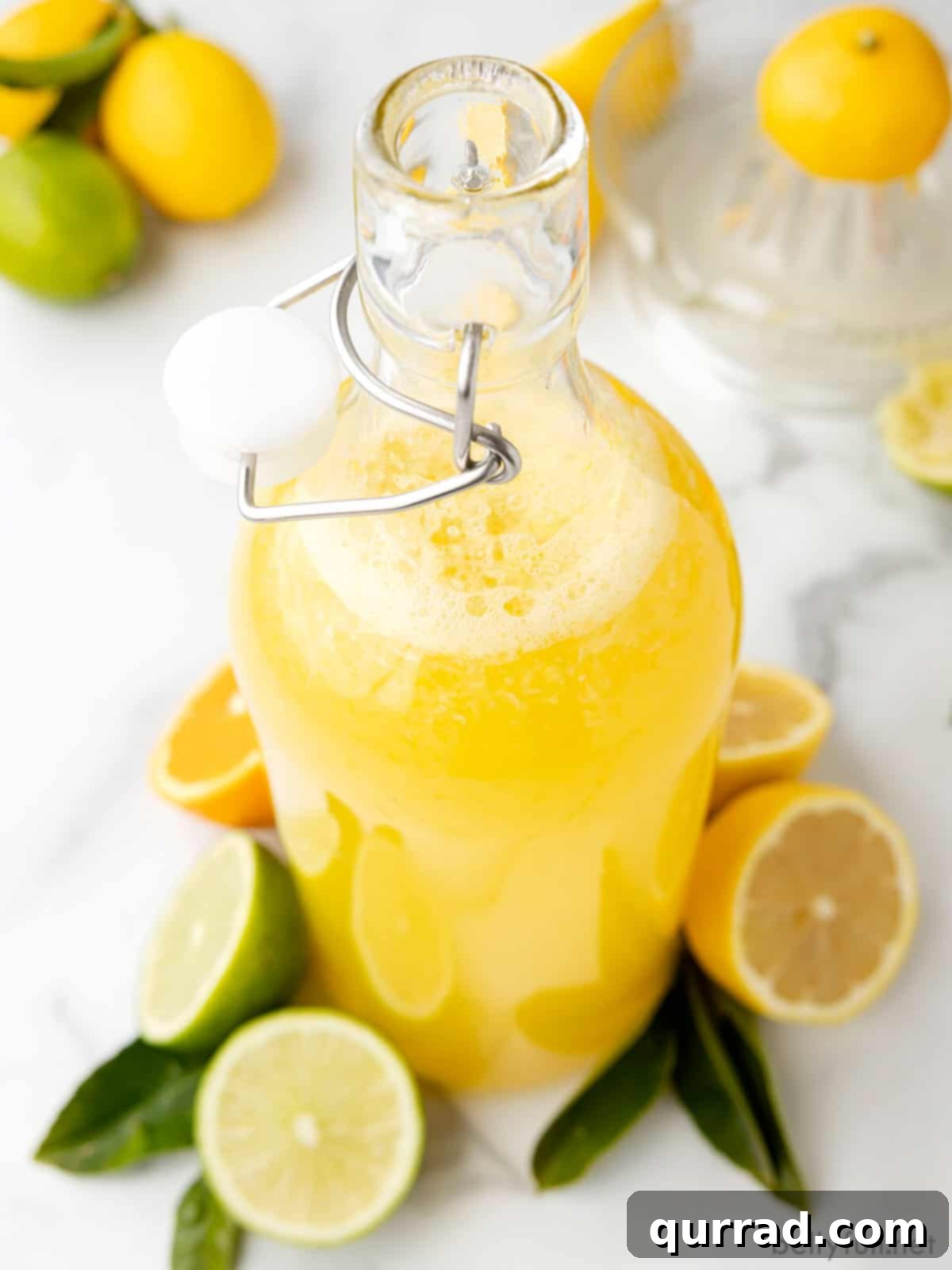 A large, inviting glass jar containing the freshly prepared Easy Homemade Margarita Mix, highlighting its natural and vibrant appearance. A large glass jar filled with the freshly made homemade margarita mix, ready for chilling.
