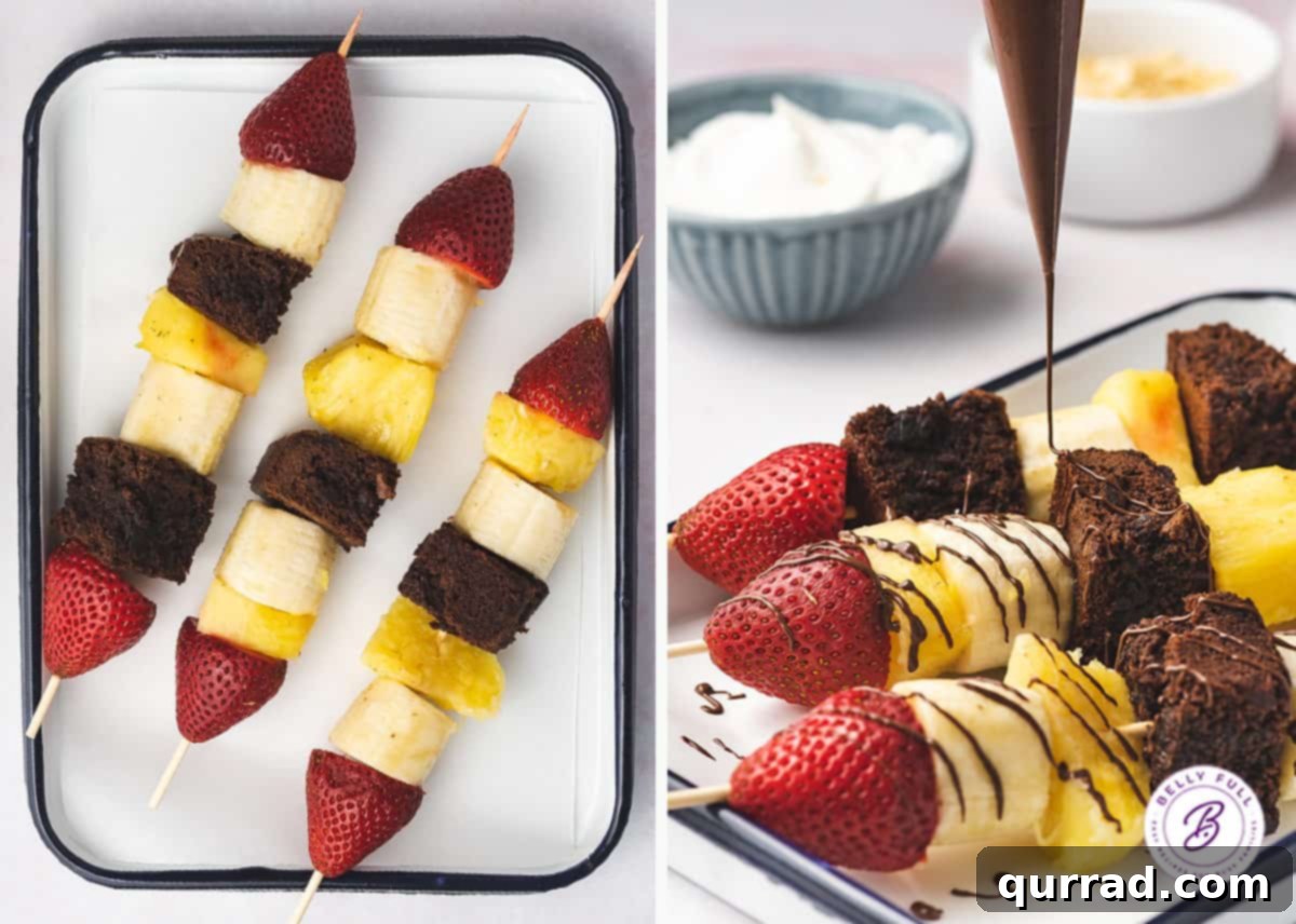 Fruity Banana Split Skewers 4 Visual guide showing the step-by-step process of assembling banana split kabobs with alternating fruit and brownie pieces on skewers.