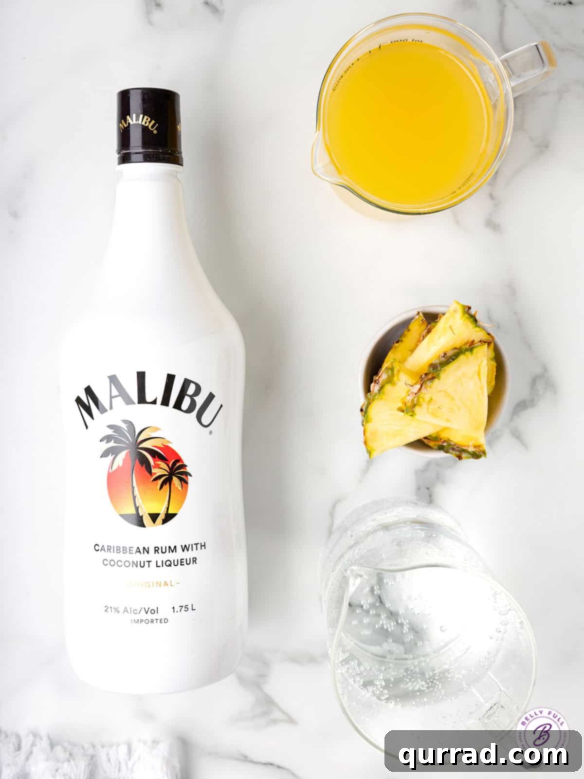 ingredients for malibu rum, 7UP soda, and pineapple juice