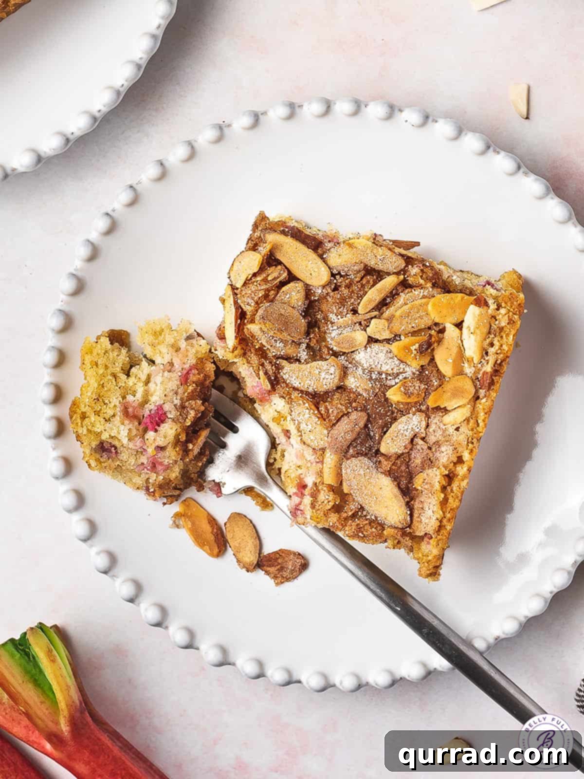 A beautifully baked slice of Rhubarb Coffee Cake with Almonds, ready to be savored. A single slice of rhubarb coffee cake on a white plate, garnished with a light sprinkle of powdered sugar.