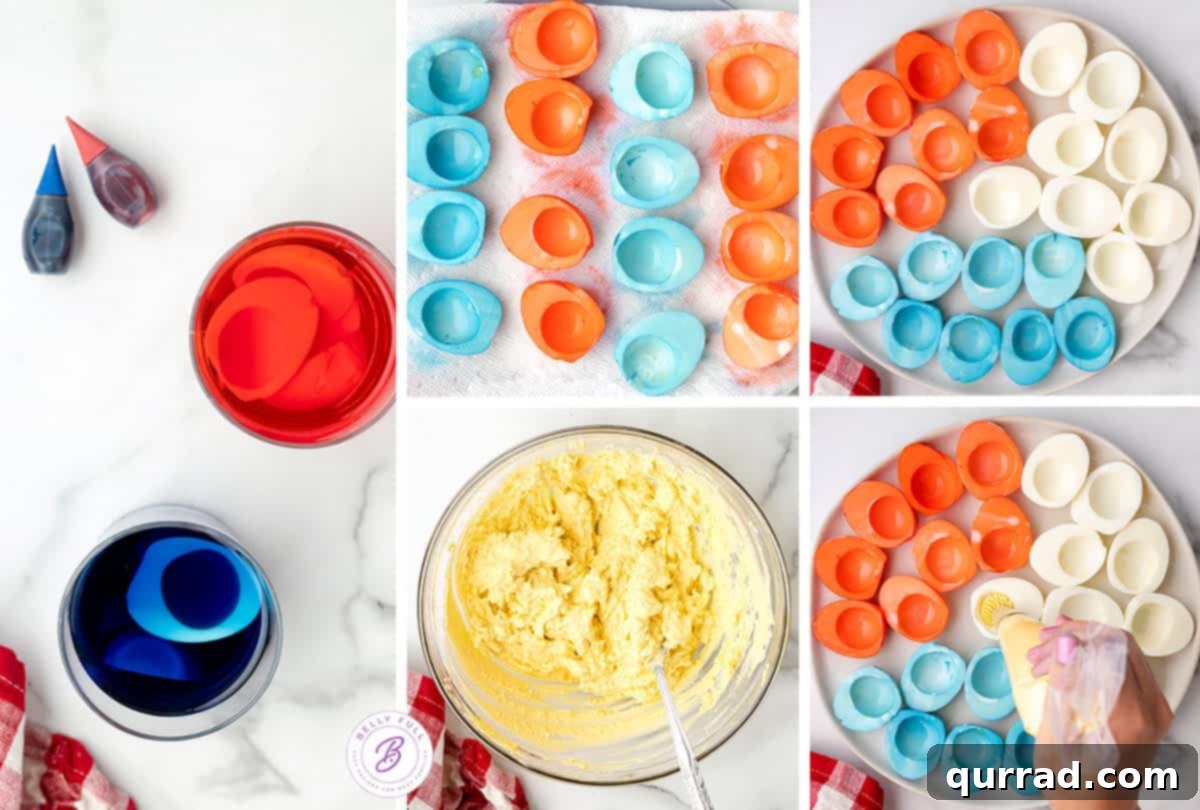 5 picture collage how to make colored deviled eggs