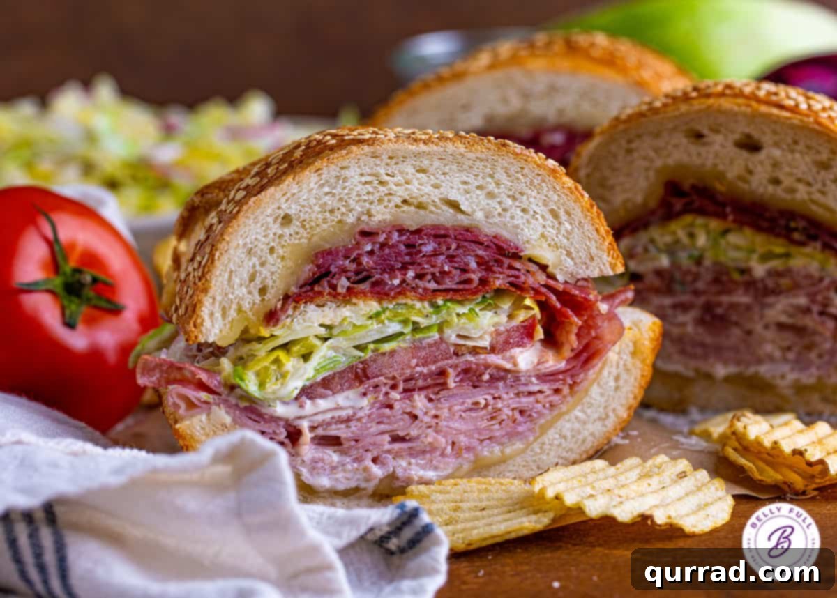 Piled high with meats, cheese, and a tangy, irresistible grinder salad, this Italian Grinder Sandwich Recipe is perfect for feeding a crowd. An overhead view of a perfectly sliced Italian grinder salad sandwich, showing the layers of ingredients.