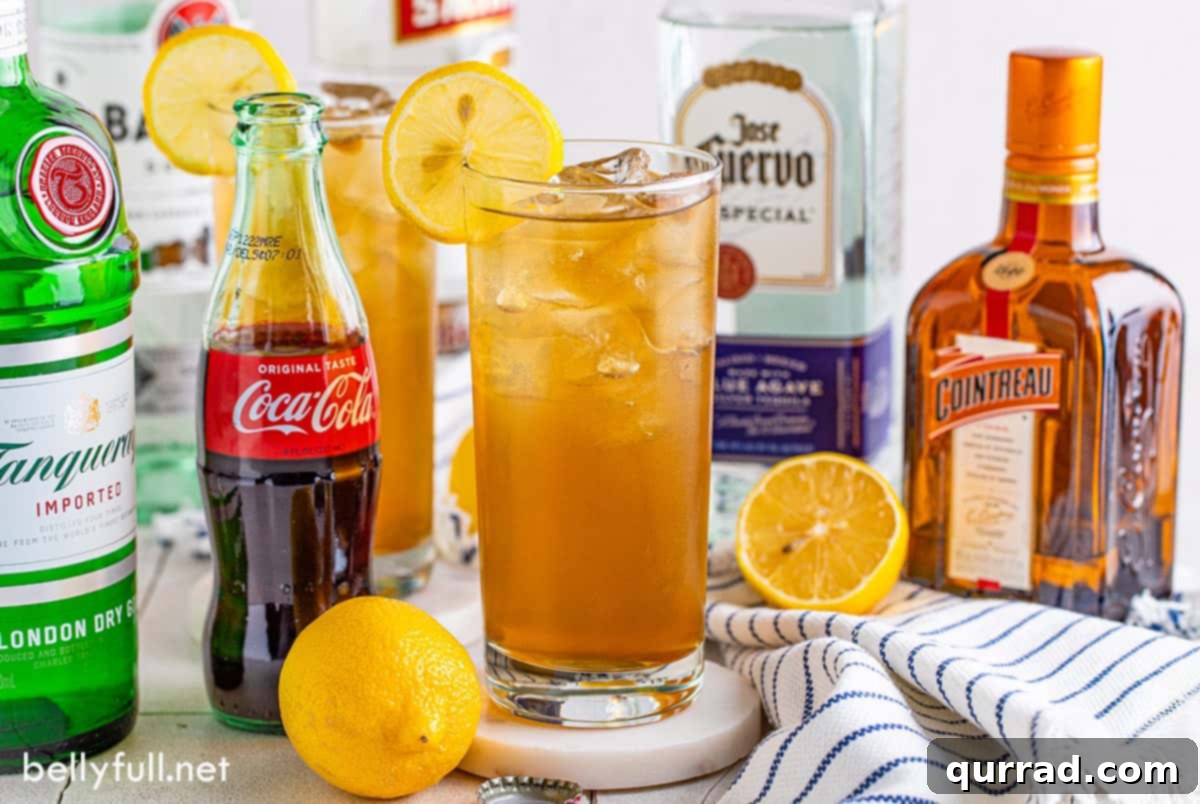 Classic Long Island Iced Tea ingredients laid out for preparation A Long Island Iced Tea presented with all its individual ingredients laid out, highlighting the components