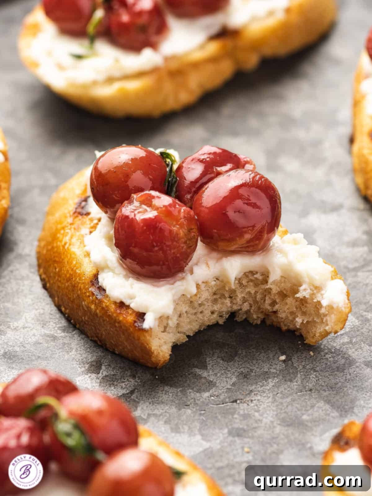 Oven Kissed Grapes 5 bite of crostini with roasted red grapes and ricotta