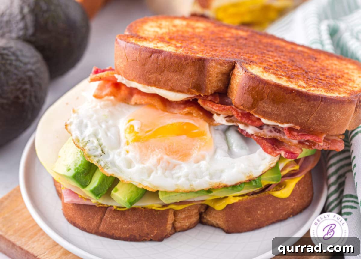BEACH Sandwich: Your Go-To for Bacon, Egg, Avocado, Cheese, Ham An appetizing avocado sandwich stacked with egg, crispy bacon, savory ham, and melted cheese, ready to be enjoyed.