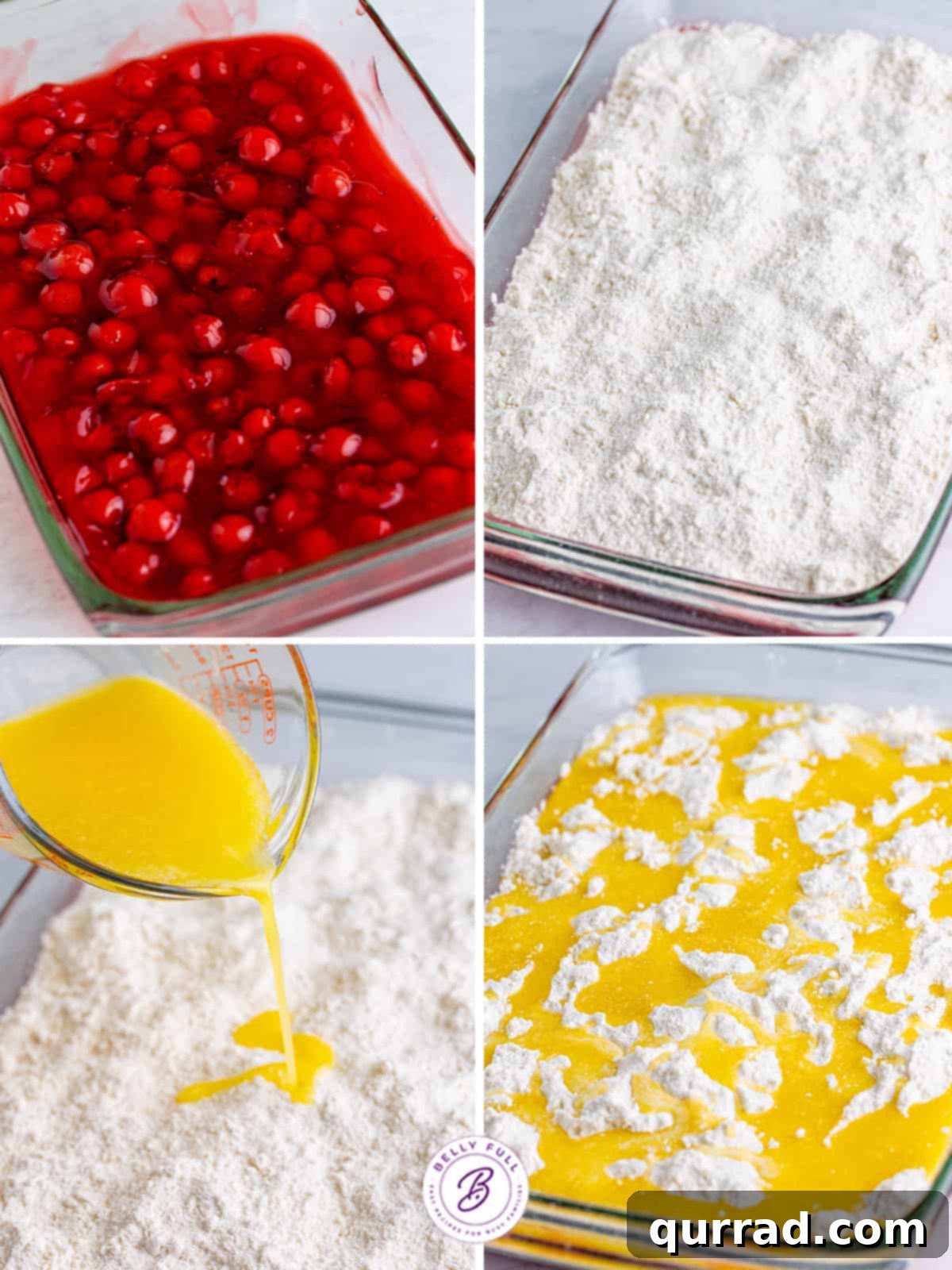 Cherry Dump Cake: Step-by-step assembly A series of process shots demonstrating how to layer cherry pie filling, cake mix, and melted butter in a baking dish to make a dump cake.