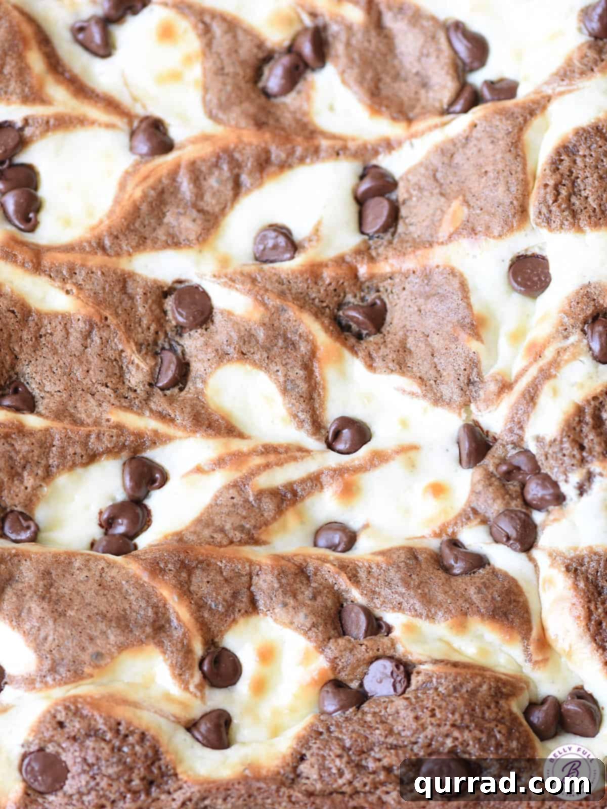 Detailed look at the stunning marble effect in our Cheesecake Marble Squares. Close-up view of a slice of marbled chocolate cheesecake, highlighting the distinct layers and swirls.