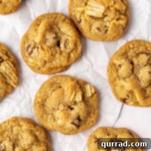 Overhead view of chocolate chip cookies with potato chips