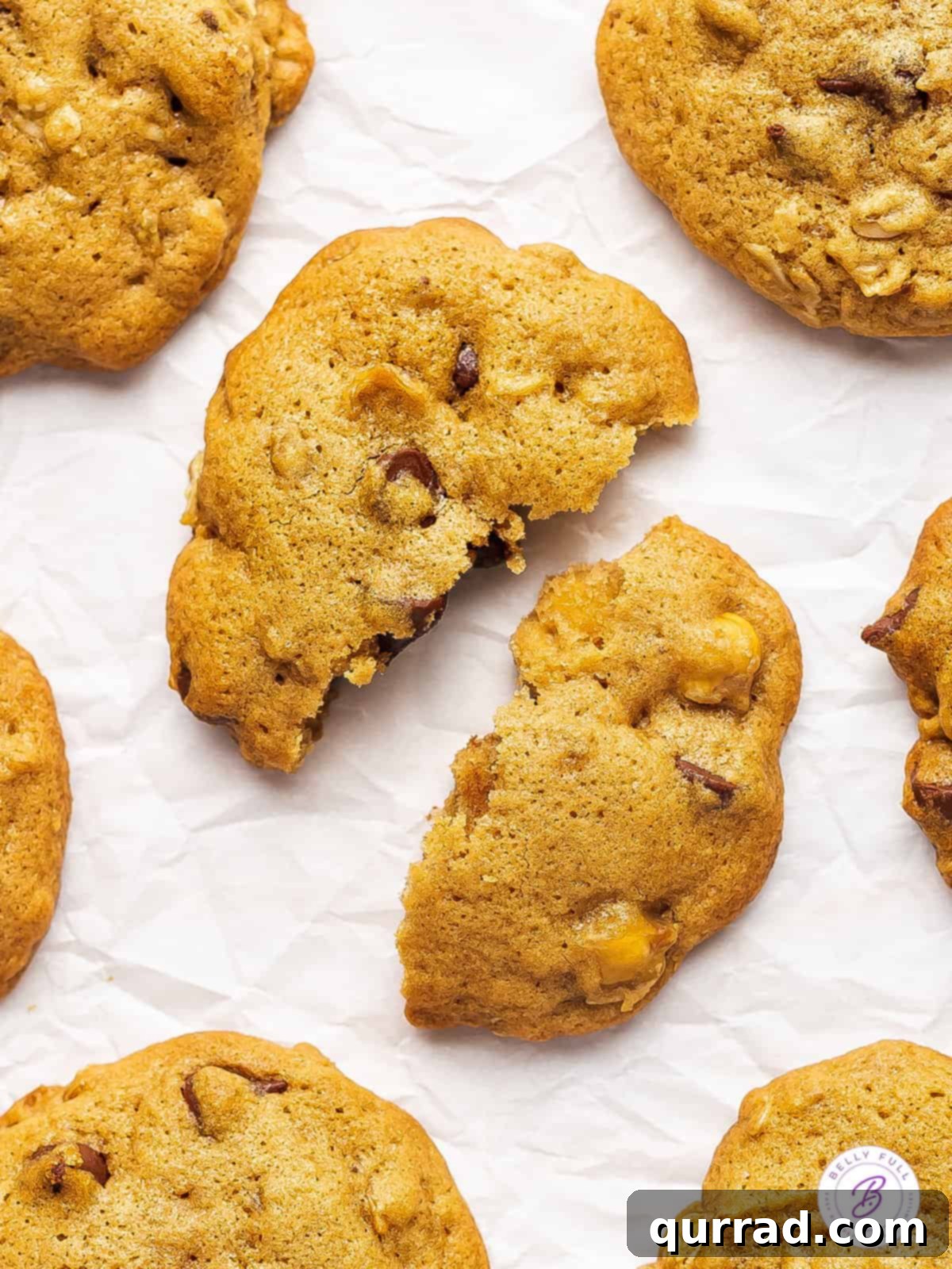 These Chickpea Cookies with Chocolate Chips are super easy to make (no chilling required!) and packed with protein! A warm, freshly baked chickpea chocolate chip cookie split in half, revealing its soft interior and melted chocolate.