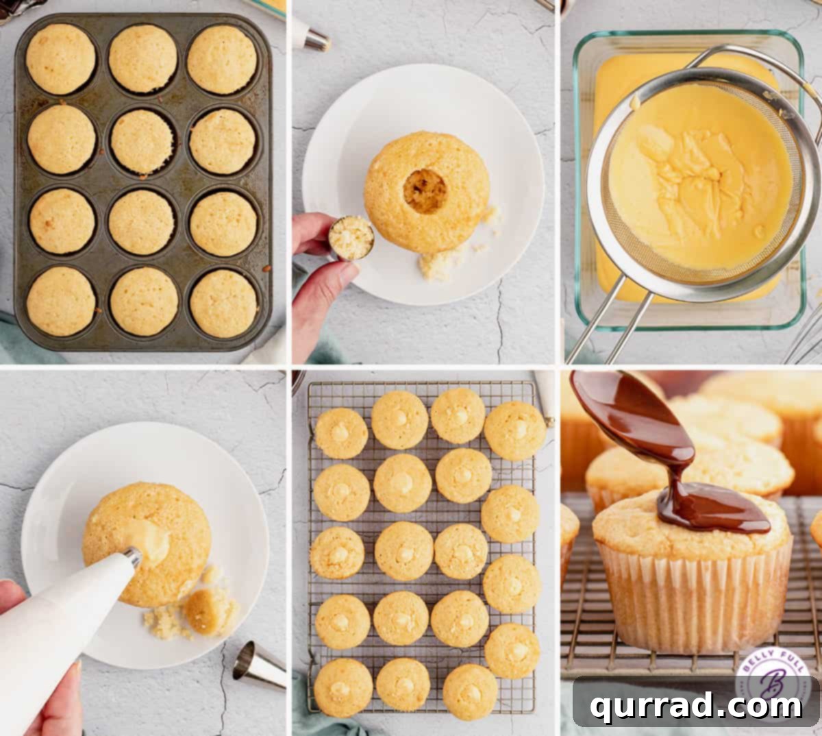 Six process shots for making Boston Cream Pie Cupcakes, highlighting key assembly steps. A step-by-step process collage showing how to prepare Boston Cream Pie Cupcakes, from making the filling to dipping in ganache