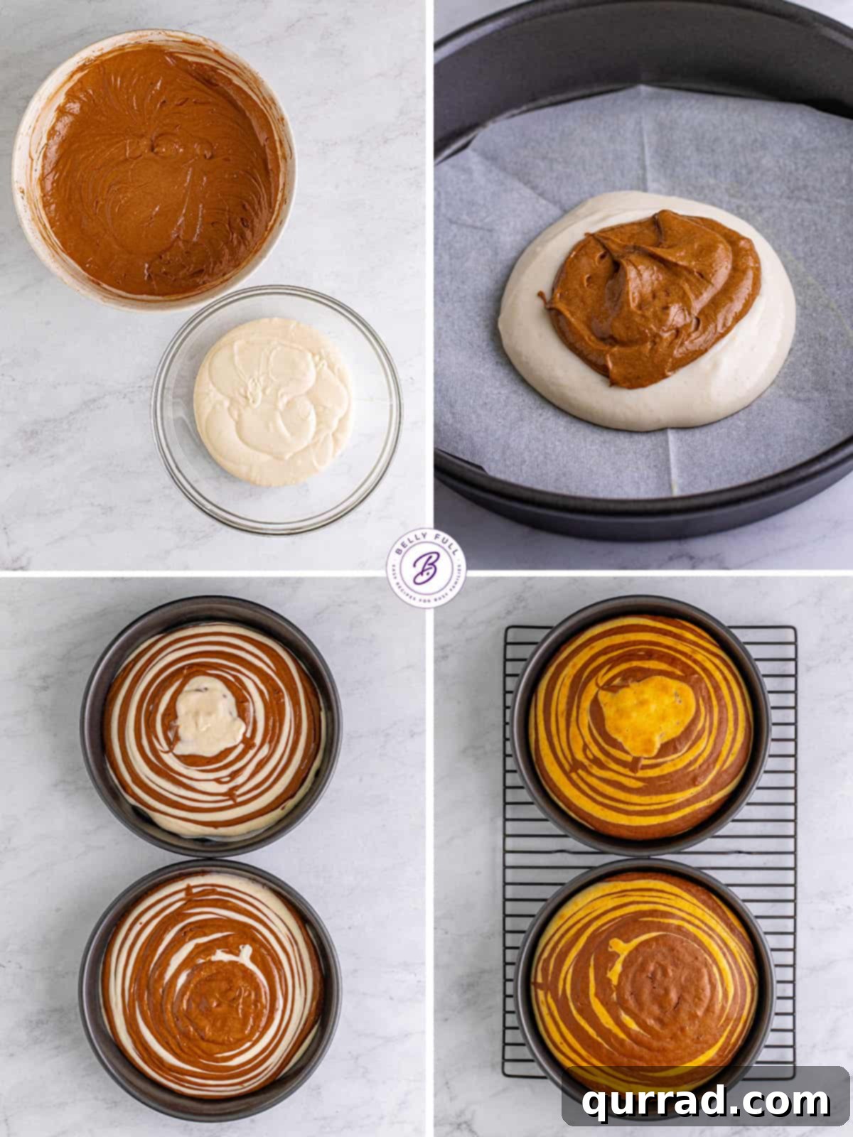 Effortlessly achieve the perfect zebra pattern with these simple cake layering instructions. A step-by-step visual guide showing the process of layering vanilla and chocolate cake batter to create a zebra pattern in a baking pan.