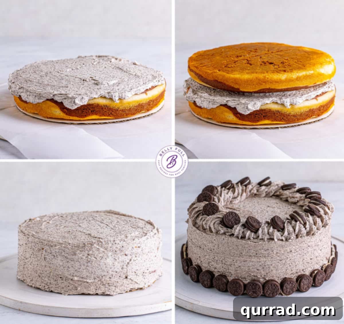Learn the simple steps to perfectly frost your zebra cake with creamy cookies and cream goodness. A visual guide illustrating how to apply layers of cookies and cream frosting to a two-tier zebra cake, demonstrating the smooth application process.