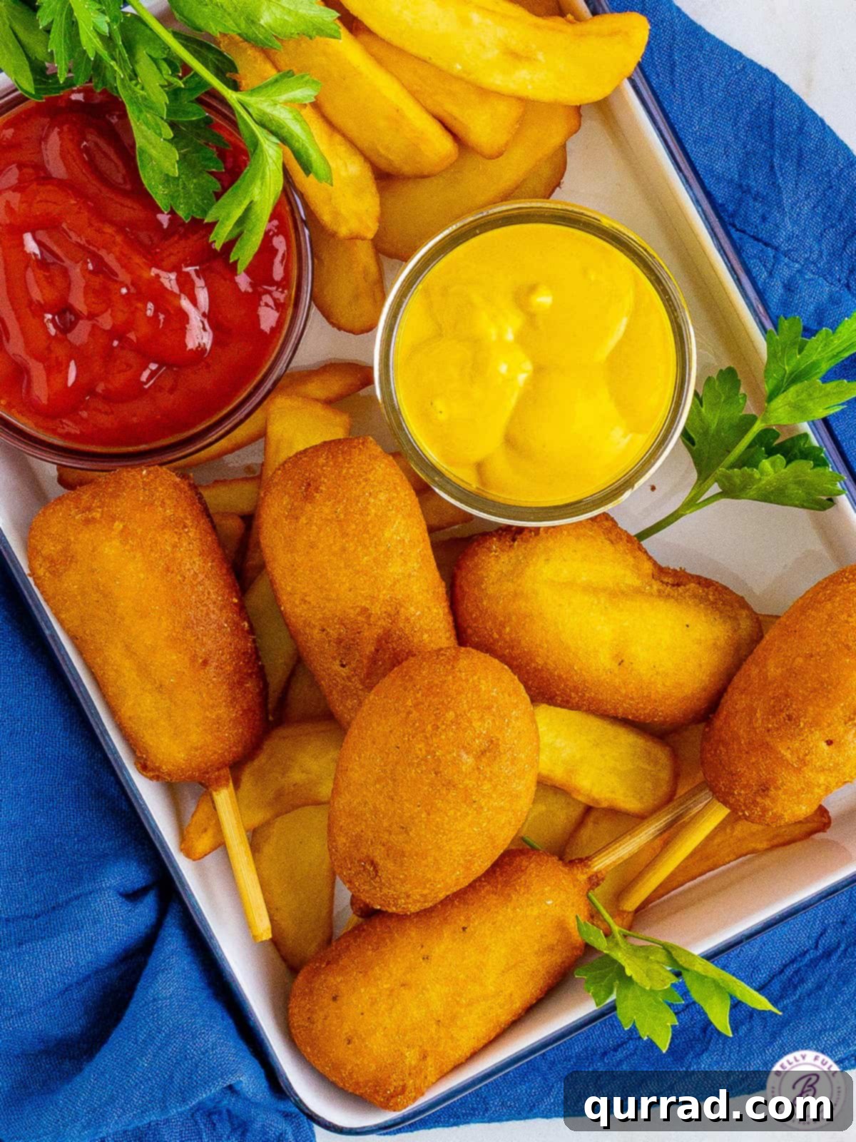 Irresistible Homemade Mini Corn Dogs A platter of golden-brown homemade mini corn dogs, perfectly fried and ready to be enjoyed.