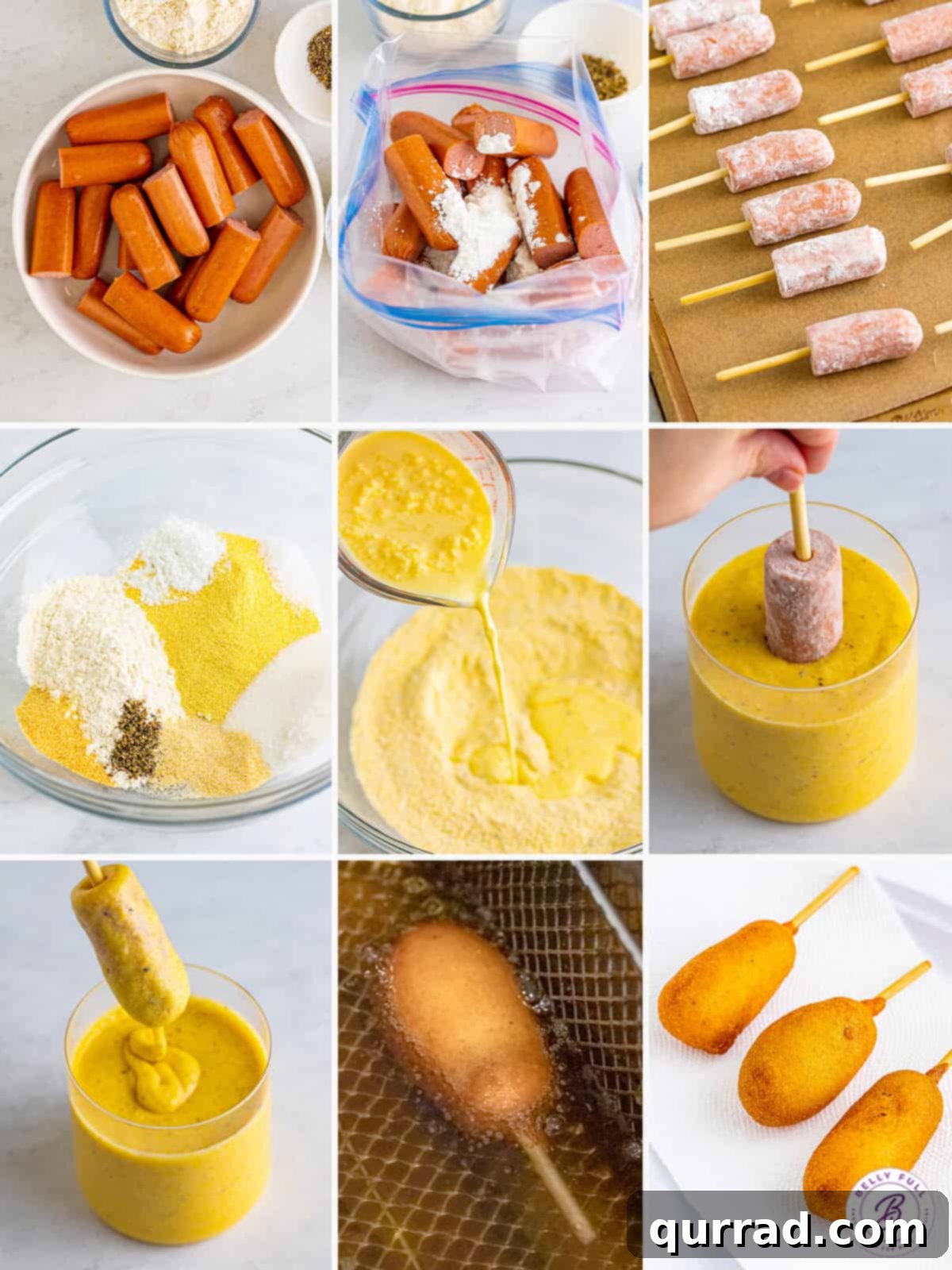Visual Guide to Making Homemade Mini Corn Dogs A step-by-step visual collage showing the process of making mini corn dogs: hot dogs on sticks, batter mixing, and deep frying.