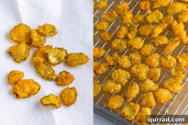 Golden Dill Bites 7 Fried pickles being drained on wire rack