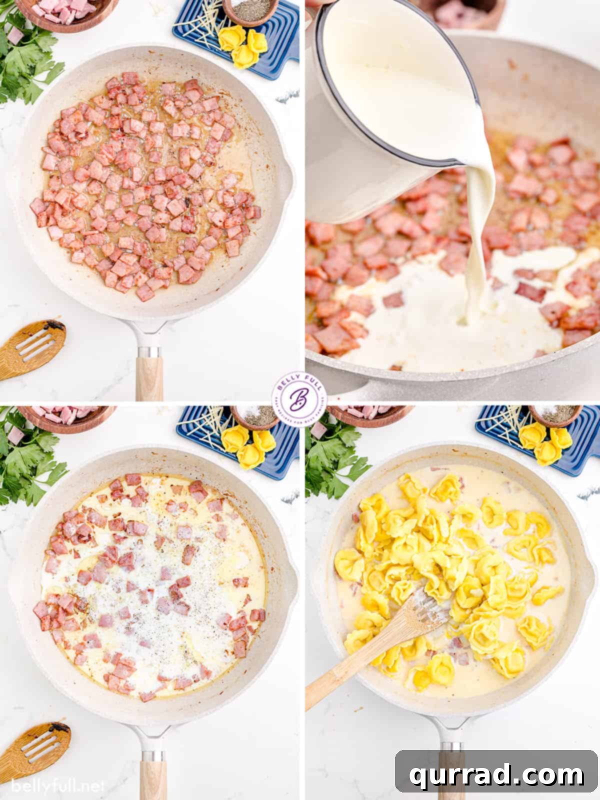 Process shots of how to make tortellini alla panna, showing steps from cooking pasta to mixing sauce