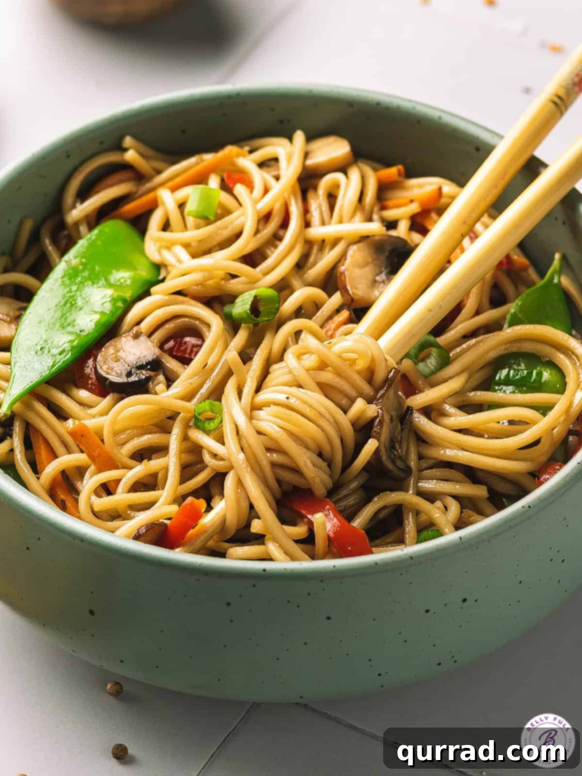 Quick & Easy Veggie Lo Mein in a Bowl Chopsticks in a bowl of fresh, colorful veggie lo mein, ready to eat.