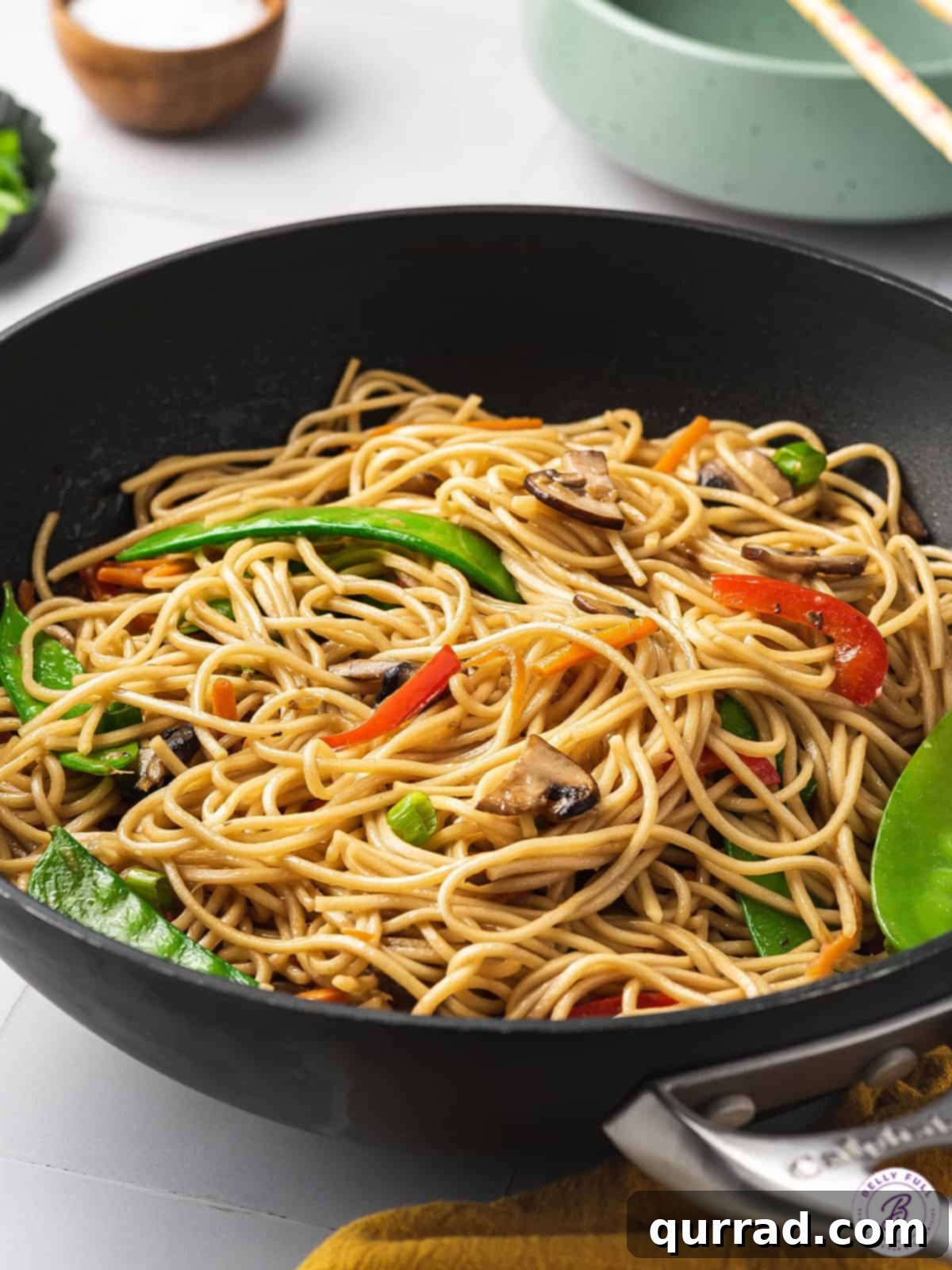 Delicious Homemade Veggie Lo Mein Close-up of a bowl of veggie lo mein, ready to be enjoyed as a weeknight meal.