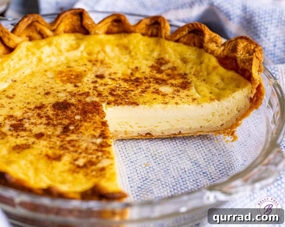 This Easy Custard Pie is a simple and classic dessert, prepared with just 8 ingredients, resulting in a rich, creamy filling that's perfectly sweet. A whole creamy custard pie with one slice removed, showcasing its smooth texture and golden-brown crust.