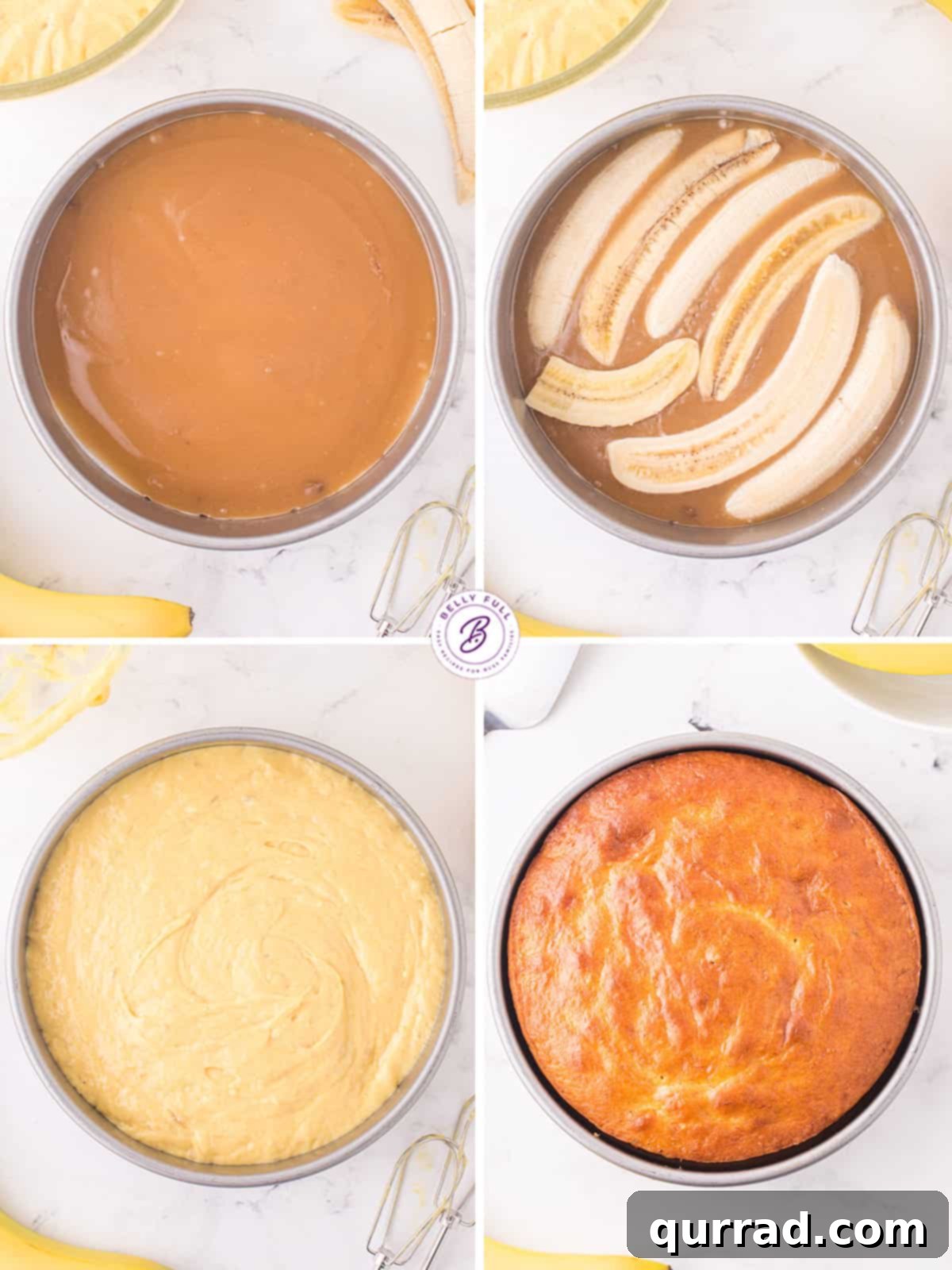 Golden Caramel Banana Flip 4 Step-by-step process photos showing how to make a banana upside down cake: from mixing the batter to arranging the banana slices and pouring the batter into the pan.