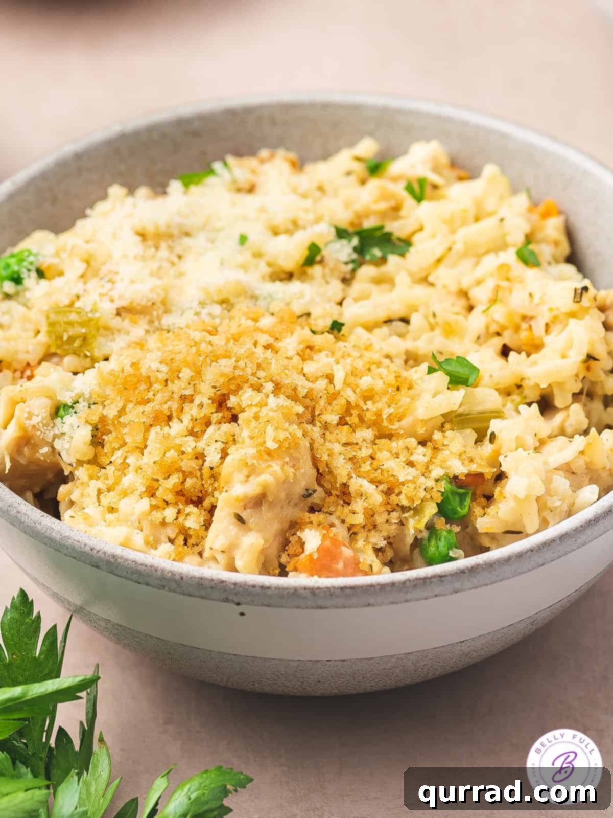 Angled view of a bowl of creamy chicken and rice