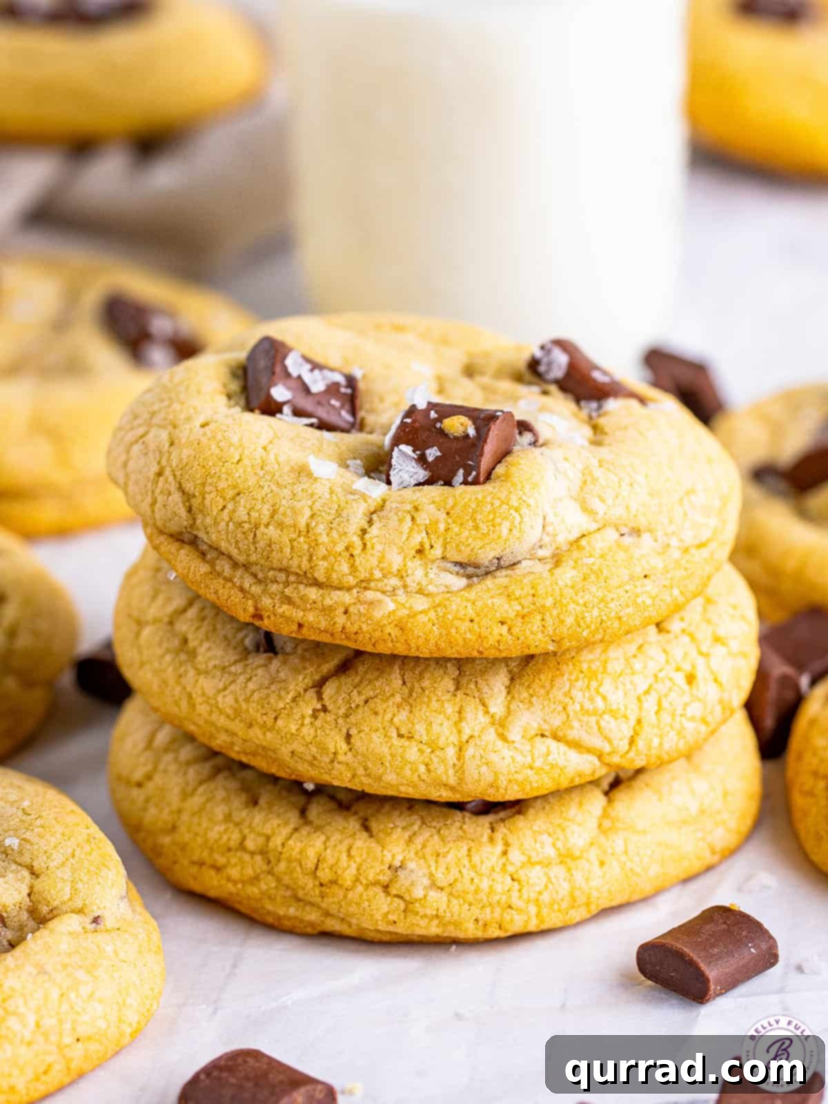 Enjoy soft, chocolatey Salted Chocolate Chunk Cookies in under 30 minutes, paired perfectly with a glass of milk. A stack of three soft and chewy salted chocolate chunk cookies placed in front of a refreshing glass of milk