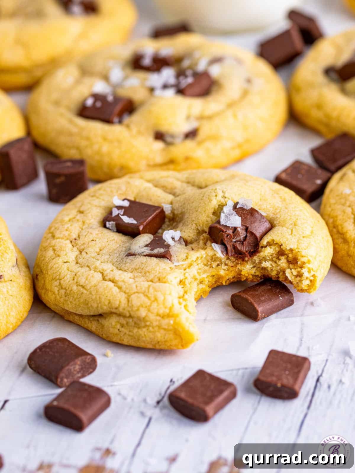 Freshly baked Salted Chocolate Chunk Cookies: soft, chocolatey, and ready in under 30 minutes, better than any bakery! An angled shot of freshly baked salted chocolate chunk cookies cooling on a countertop, with one cookie showing a bite taken out of it