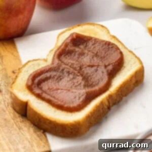 Apple butter on a slice of toast, a perfect pairing for a delicious breakfast or snack.