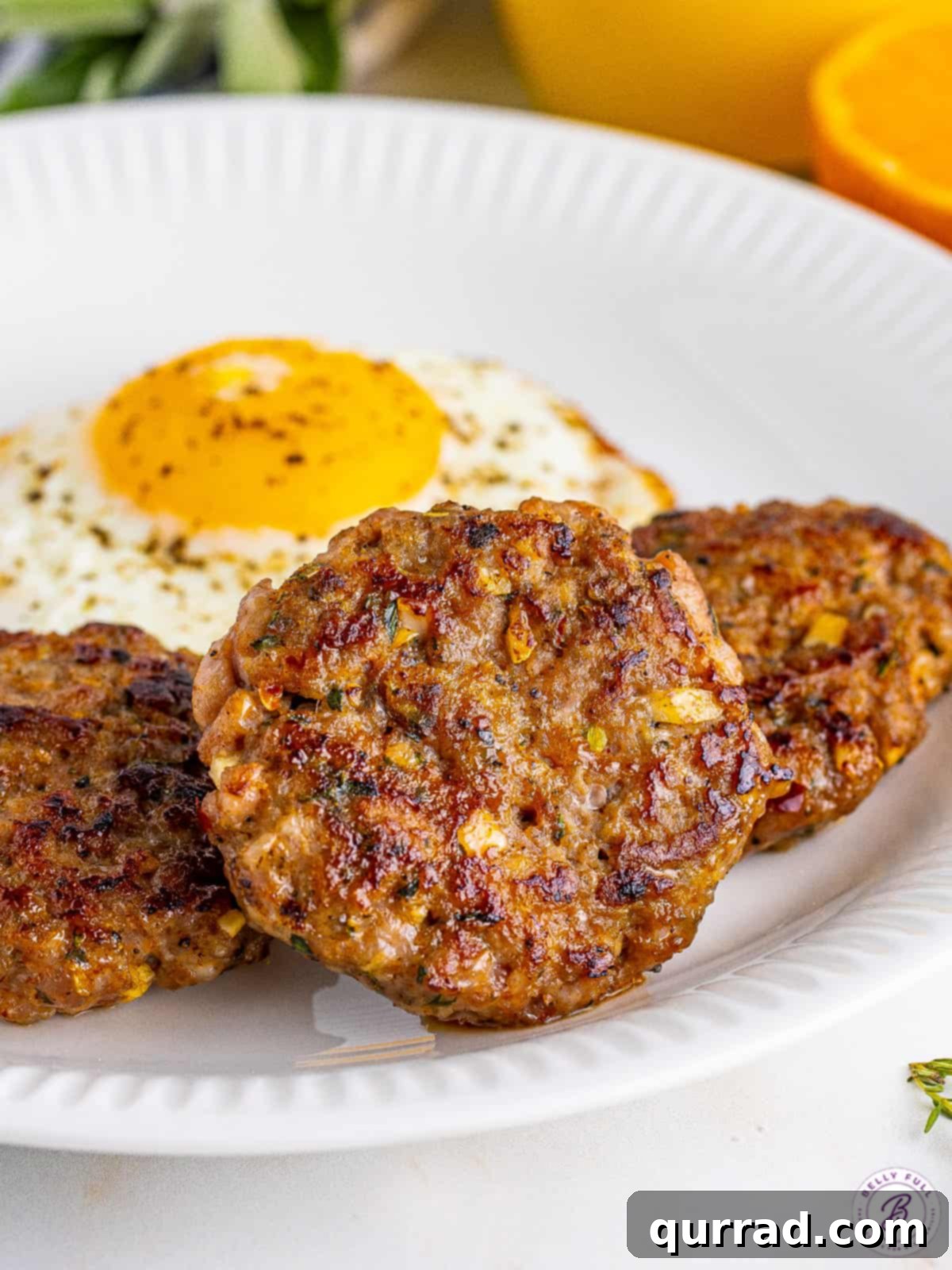 Three breakfast sausage patties on a white plate with a fried egg